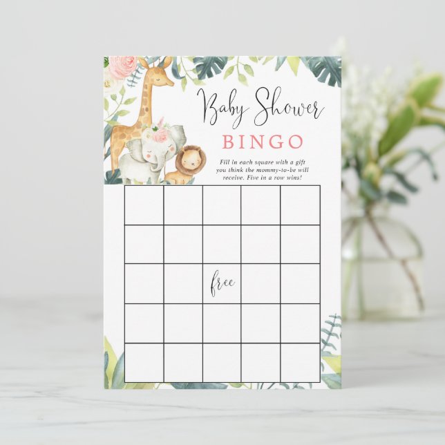 Safari animals girl baby shower bingo game invitation (Standing Front)