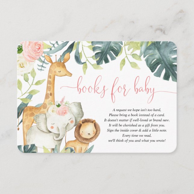 Safari animals girl baby shower books for baby enclosure card (Front)