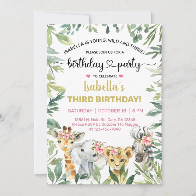 Safari animals girl birthday invite, any age. invi invitation (Front)
