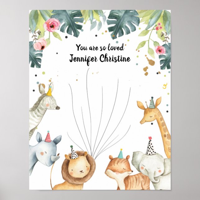 Safari Animals Girl Fingerprint Guestbook Birthday (Front)