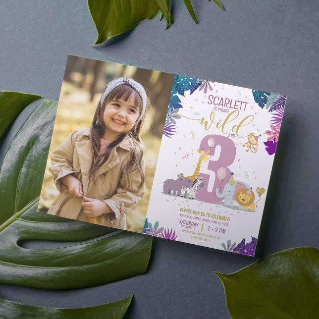 Safari Animals Girl Young Wild & 3 Photo Birthday Invitation (Creator Uploaded)