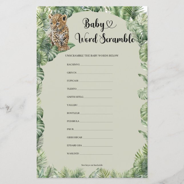 Safari Animals Greenery Baby Word Scramble game (Front)