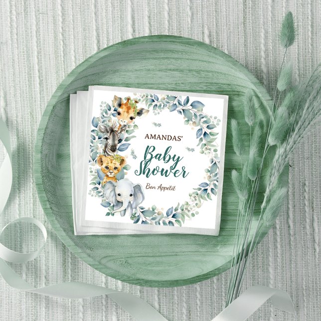 Safari Animals Greenery Botanical Baby Shower  Napkin (Creator Uploaded)