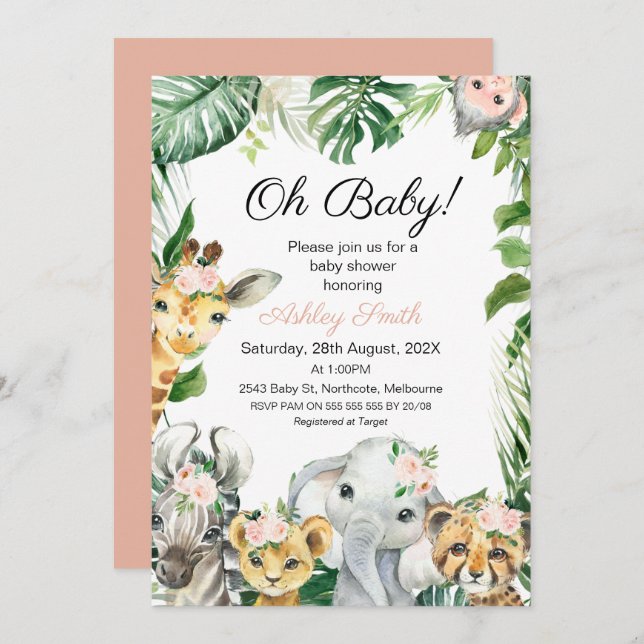 Safari Animals Greenery Girls Baby Shower Invitation (Front/Back)