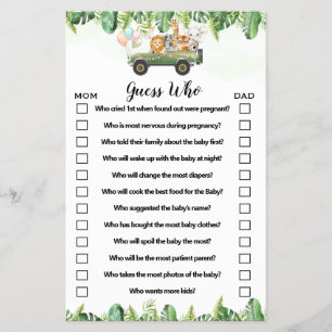 Safari Animals Guess Who Baby Shower Game Card