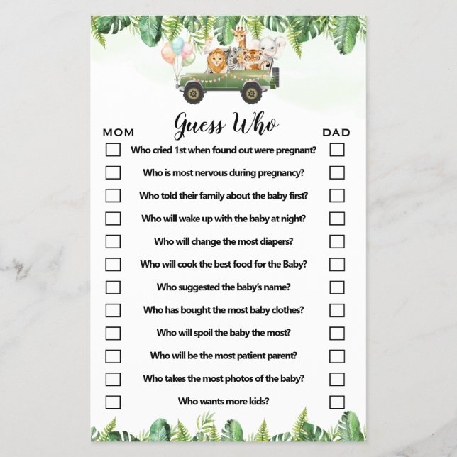 Safari Animals Guess Who Baby Shower Game Card (Front)