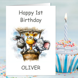 Safari Animals in Hot Air Balloon 1st Birthday Card
