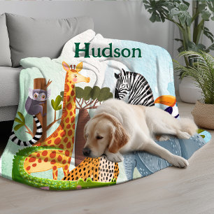 Safari animals jungle birthday watercolor boy fleece blanket