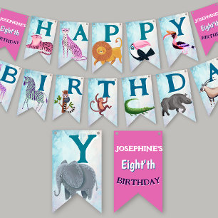 Safari animals jungle birthday watercolor girl bunting 