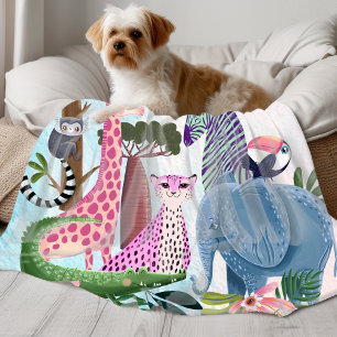 Safari animals jungle birthday watercolor girl fleece blanket