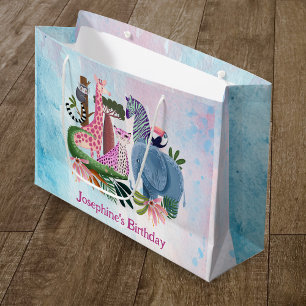 Safari animals jungle girl birthday watercolor large gift bag