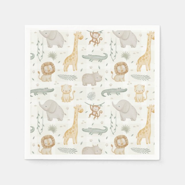 Safari Animals Jungle Greenery Gingham Check Napkin (Front)