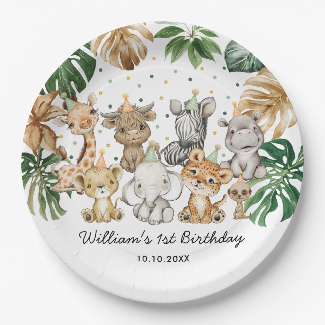 Safari Animals Jungle Greenery Wild One Birthday Paper Plate (Front)