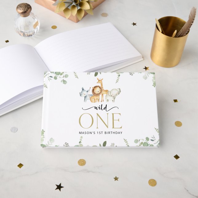 Safari Animals, Jungle, Wild One, First Birthday Guest Book (Front Open)