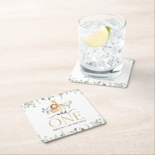 Safari Animals, Jungle, Wild One, First Birthday Square Paper Coaster