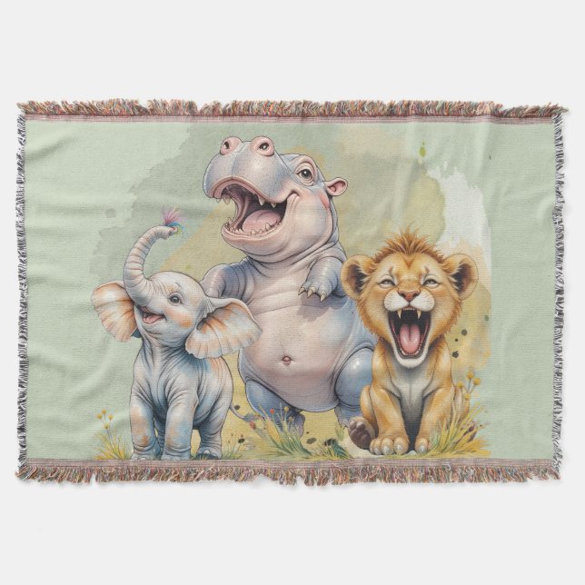 Safari Animals Lion Hippo Elephant Throw Blanket (Front)