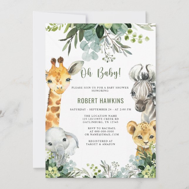 Safari Animals Oh Baby Greenery Jungle Baby Shower Invitation (Front)
