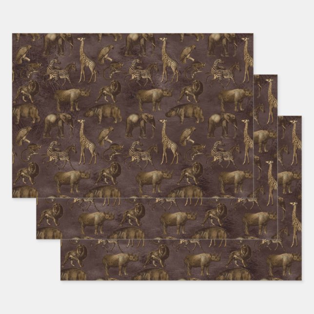 Safari Animals on Dark Brown Wrapping Paper Sheet (Set)
