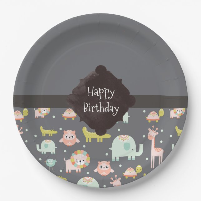 Safari Animals Pattern Nursery Art Happy Birthday Paper Plate (Front)
