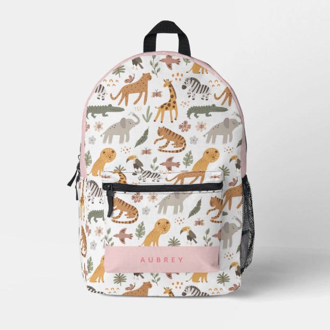 Safari Animals Pattern Pink Girl Printed Backpack (Front)