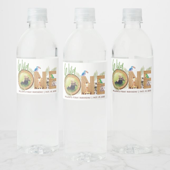 Safari Animals Photo Wild One Wood First Birthday  Water Bottle Label (Bottles)