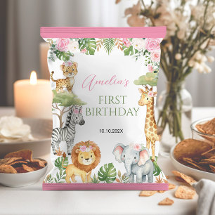 Safari Animals Pink Floral Party Chip Bag Wrapper