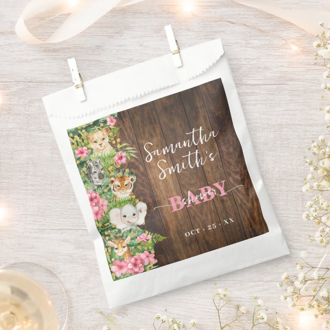 Safari Animals Pink Rustic Baby Shower Party Favour Bags (Clipped)