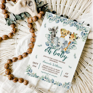 Safari Animals Sage Green Baby Shower Invitation