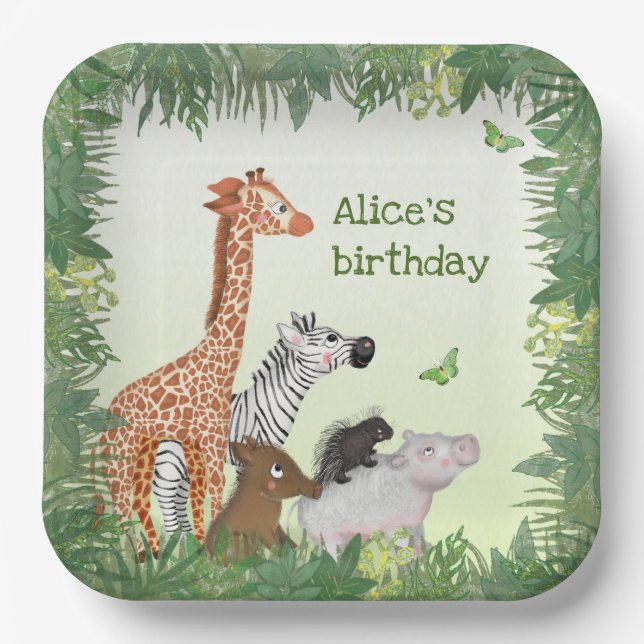 Safari animals square birthday party paper plate (Front)