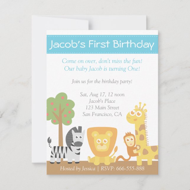 Safari Animals theme first birthday party Invitation (Front)