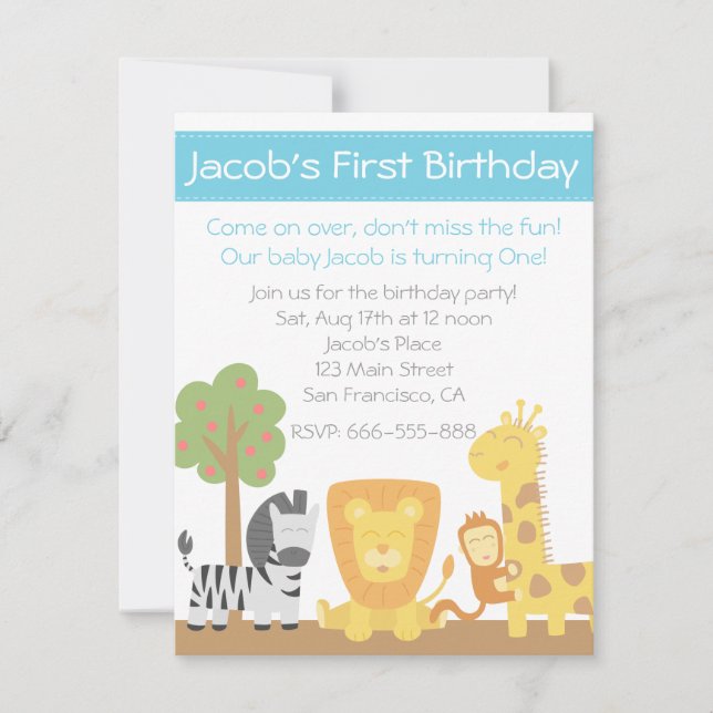 Safari Animals theme first birthday party Invitation (Front)