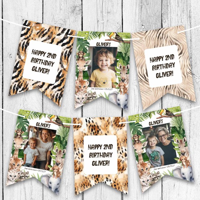 Safari animals Themed Boy birthday photo Bunting (Any Age Jungle Safari Birthday Photo Bunting Flags.)