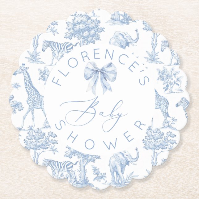 Safari animals Toile de Jouy Baby shower  Paper Coaster (Front)