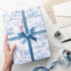 Safari Animals Toile de Jouy Dusty Blue Wrapping Paper