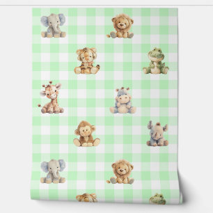 Safari Animals Toys Green Plaid Baby Nursery Wallpaper