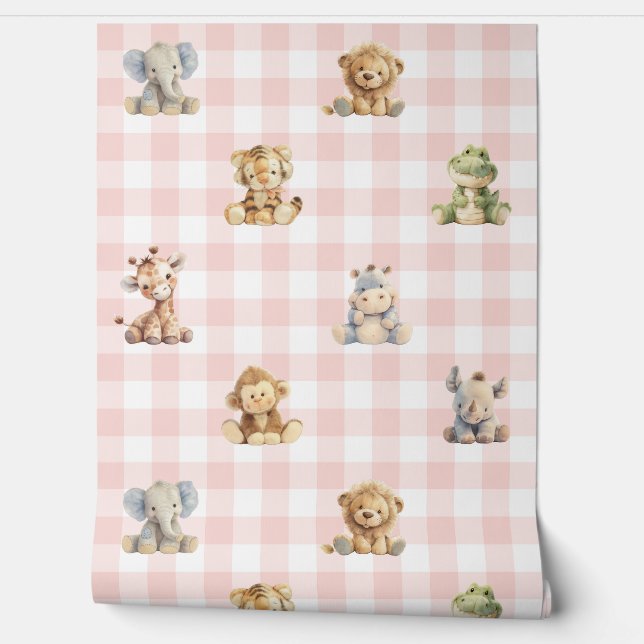 Safari Animals Toys Pink Plaid Baby Girl Nursery Wallpaper (Unrolling)