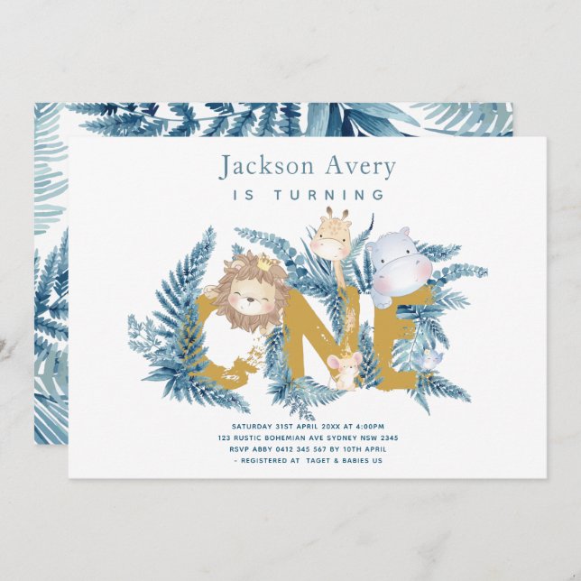 Safari Animals Tropical First Birthday Invitation (Front/Back)