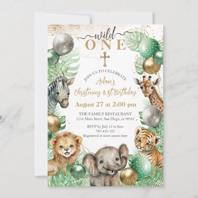 Safari animals Tropical greenery Baby 1st birthday Invitation (Front)