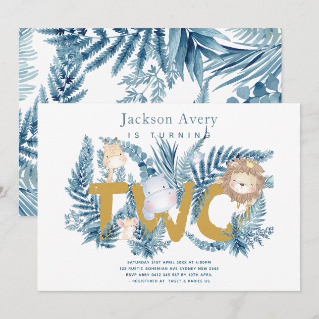 Safari Animals Tropical Second Birthday Invitation (Front/Back)