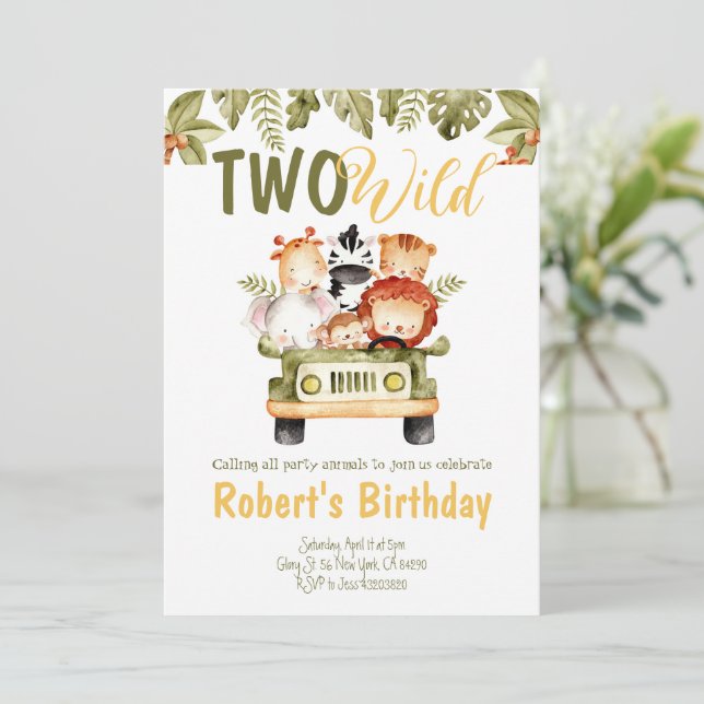 Safari animals truck Two Wild Birthday Invitation  (Standing Front)
