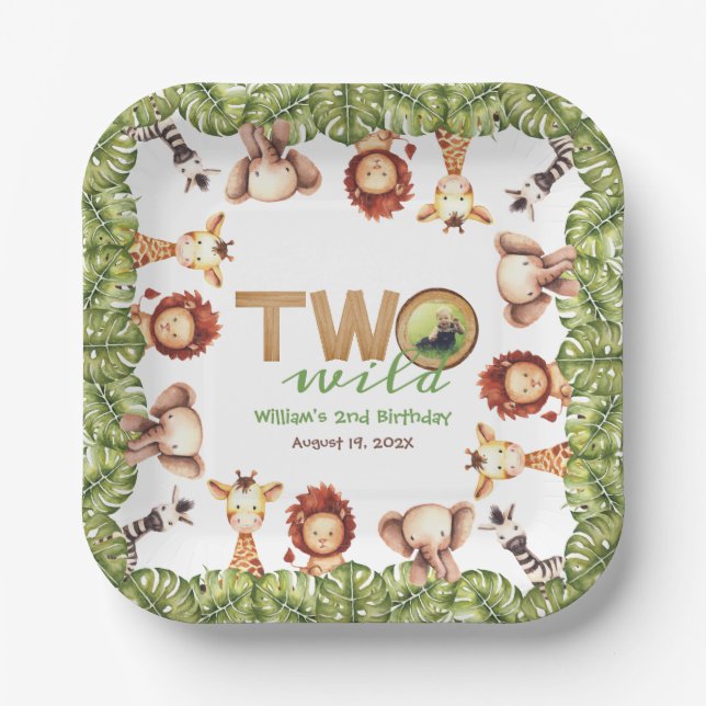 Safari Animals Two Wild Wood Photo 2nd Birthday Paper Plate (Front)