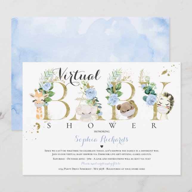 Safari Animals Virtual Baby Shower Greenery Gold Invitation (Front/Back)