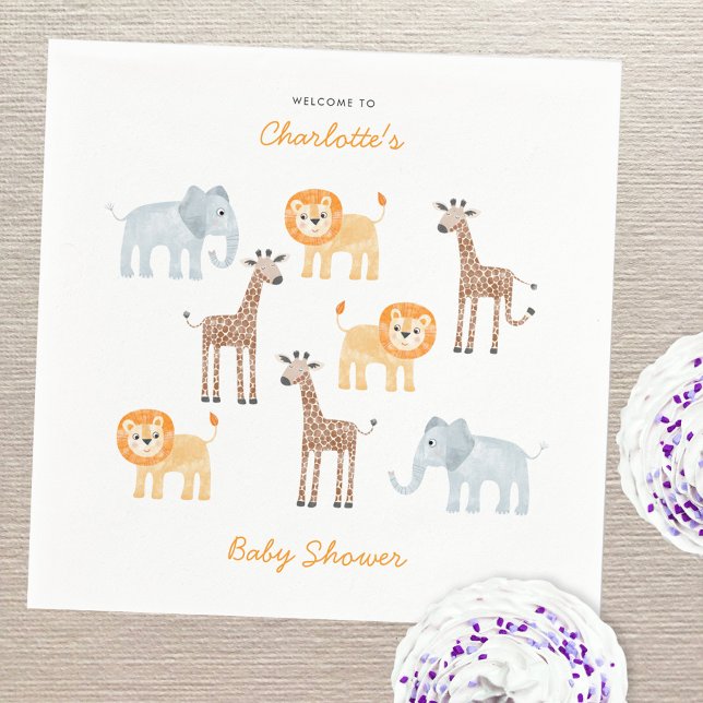 Safari Animals Watercolor Personalised Baby Shower Napkin (Fun watercolor baby safari animals personalized baby shower party paper napkins)