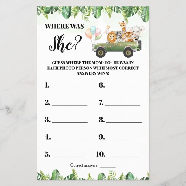 Safari Animals Where was Mum Shower Game Card (Front)