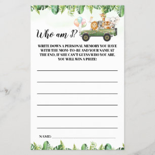 Safari Animals Who I am Baby Shower Game Card