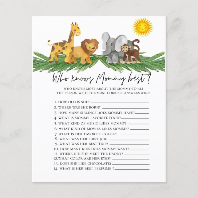 Safari Animals Who knows Mummy Baby Shower Game (Front)