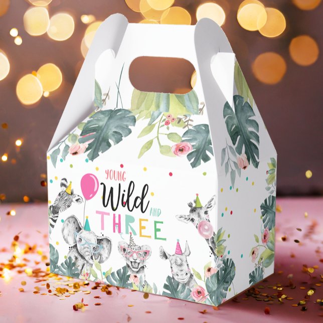 Safari Animals Wild and Three Birthday Pink Girl  Favour Box (Creator Uploaded)