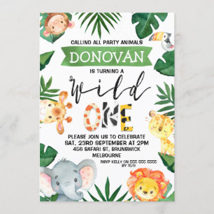 Safari Animals Wild One 1st Birthday Invitation