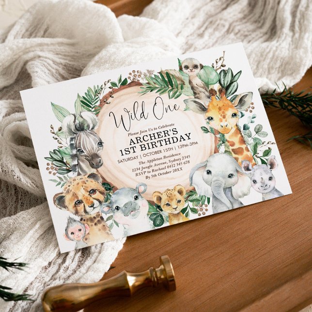 Safari Animals Wild One 1st Birthday Jungle Party Invitation (Creator Uploaded)