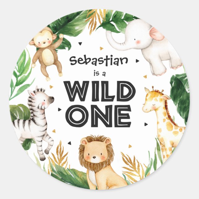 Safari Animals Wild One 1st Birthday Party Classic Round Sticker (Front)